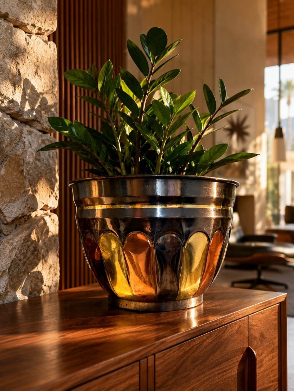 Vintage Mixed Metal Brass Cachepot Planter Hollywood Regency MCM